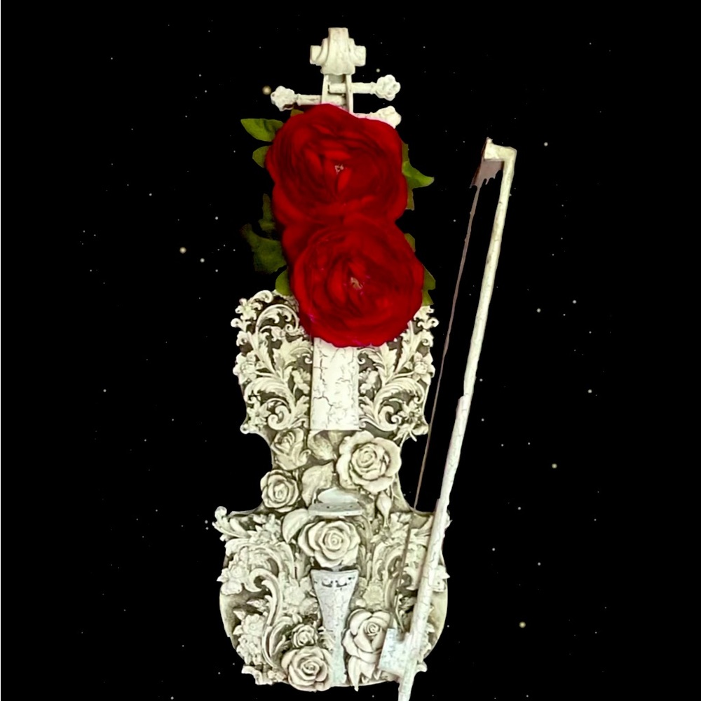 Beautiful embellished hand painted Violin & Bow/given a crackle antique effect.